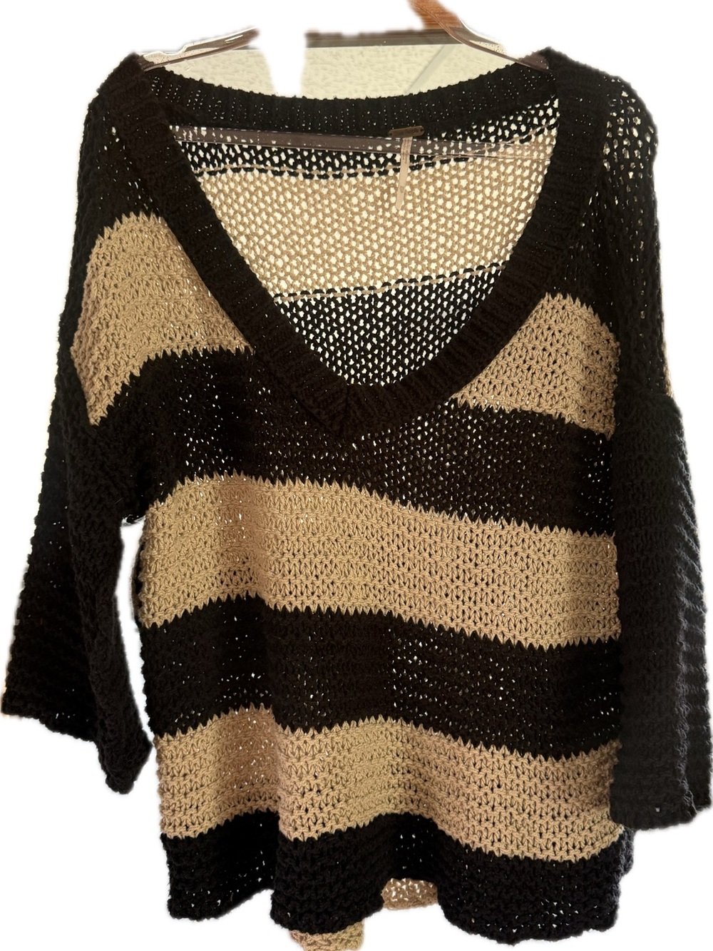 Free People Black and Tan Striped V-Neck Sweater XS